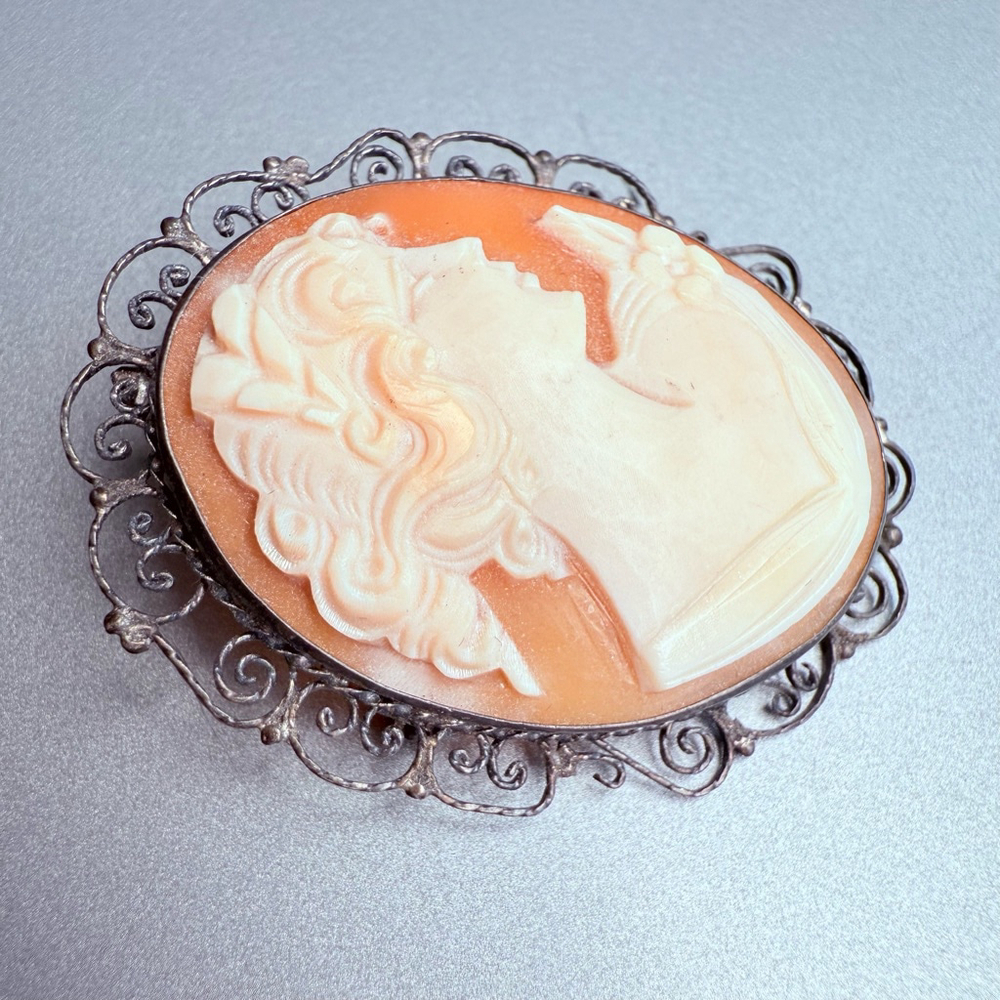 Antique Shell Cameo Sterling Silver 925 Lace Scroll Brooch Pendant Victorian Era - Picture 6 of 8